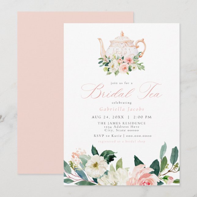 Elegant & Sweet Blush Pink Floral Bridal Tea Invitation (Front/Back)