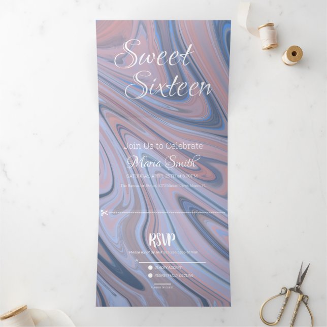 Elegant Sweet Liquid Marble | Agate Blush Navy Tri-Fold Invitation (Inside)