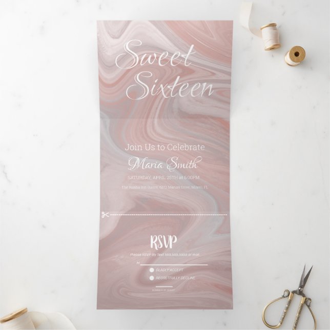 Elegant Sweet Liquid Marble | Agate Blush Pink Tri-Fold Invitation (Inside)
