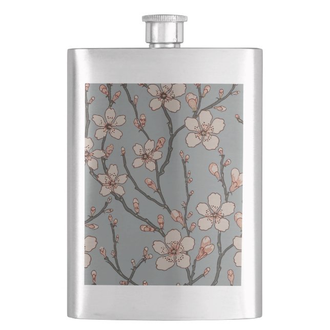 Elegant Sweet Pink Flower Blossom Cherry Pattern Hip Flask (Front)