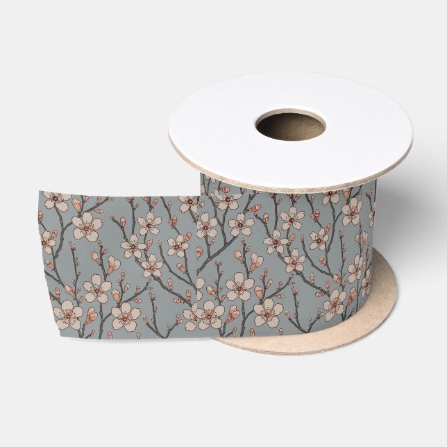 Elegant Sweet Pink Flower Blossom Cherry Pattern Satin Ribbon (Spool)
