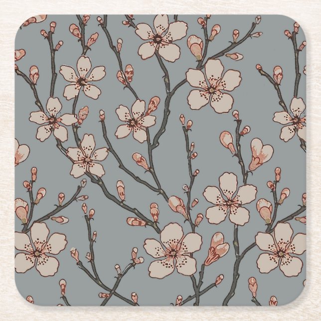 Elegant Sweet Pink Flower Blossom Cherry Pattern Square Paper Coaster (Front)