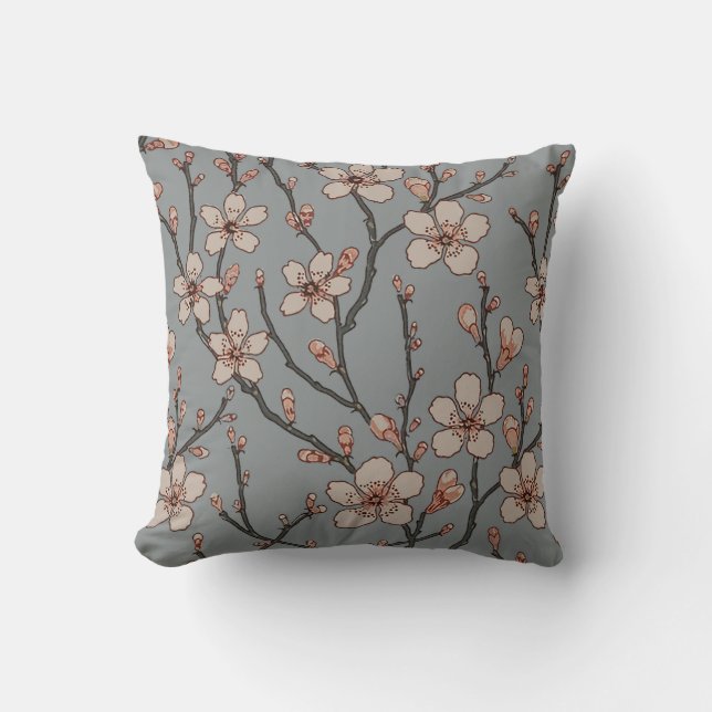 Elegant Sweet Pink Flower Blossom Cherry Pattern Throw Pillow (Front)