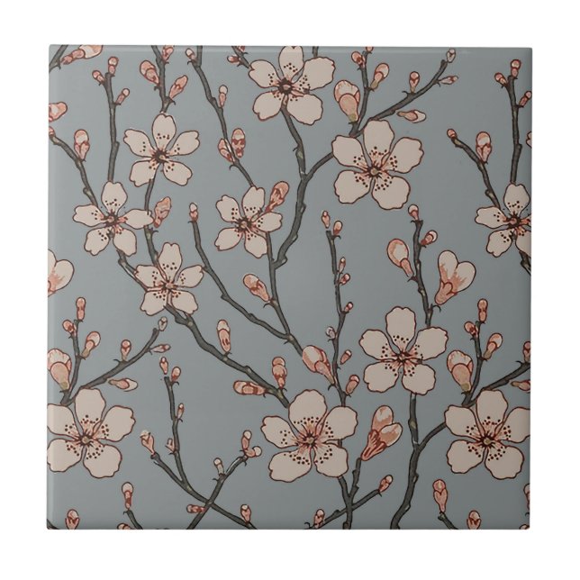 Elegant Sweet Pink Flower Blossom Cherry Pattern Tile (Front)