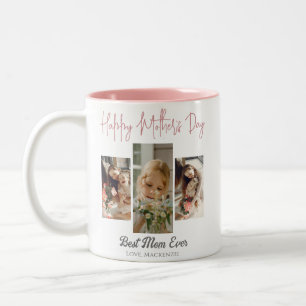 Elegant Sweet Pink Happy mothers Day Three photo Two-Tone Coffee Mug