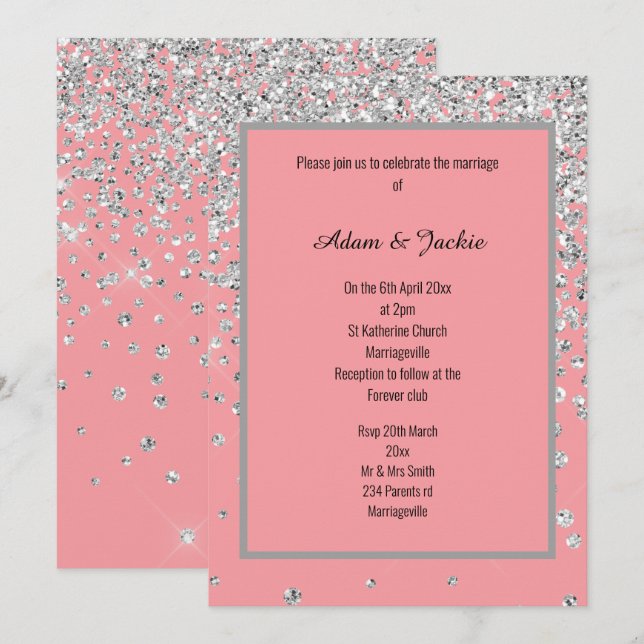 ELEGANT SWEET PINK SILVER  SPARKLE WEDDING CUSTOM INVITATION (Front/Back)