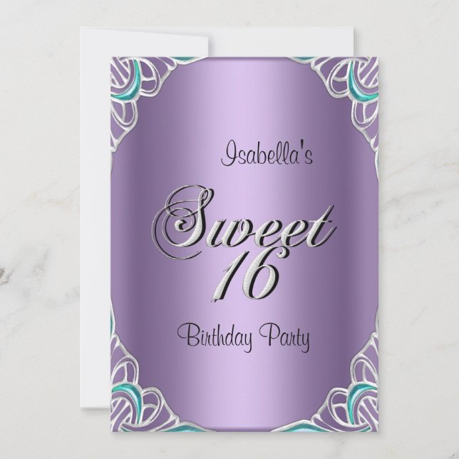Elegant Sweet Sixteen 16 Teal Blue Purple Invitation (Front)