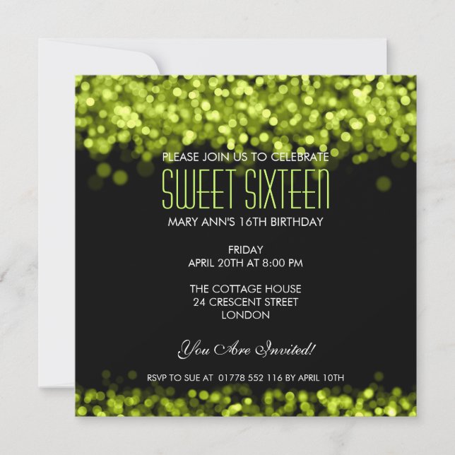 Elegant Sweet Sixteen Sparkling Lights Green Invitation (Front)