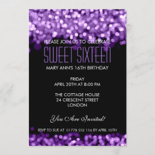 Elegant Sweet Sixteen Sparkling Lights Purple Invitation