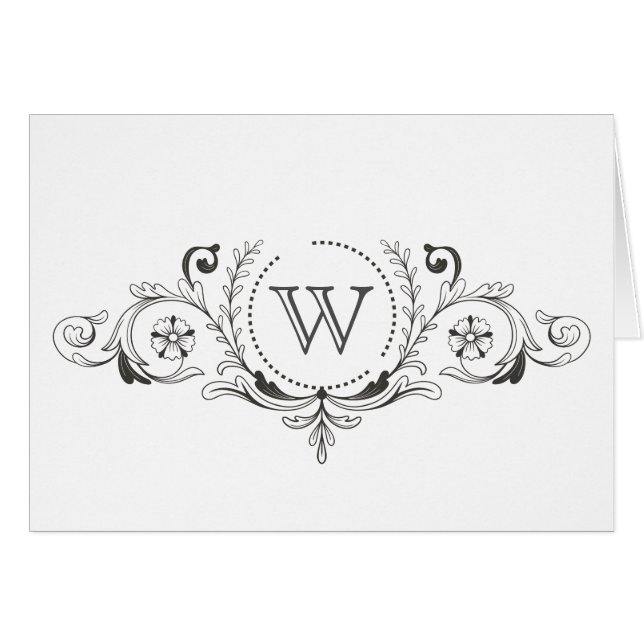 Elegant Swirl Black and White Monogram Note Card (Front Horizontal)