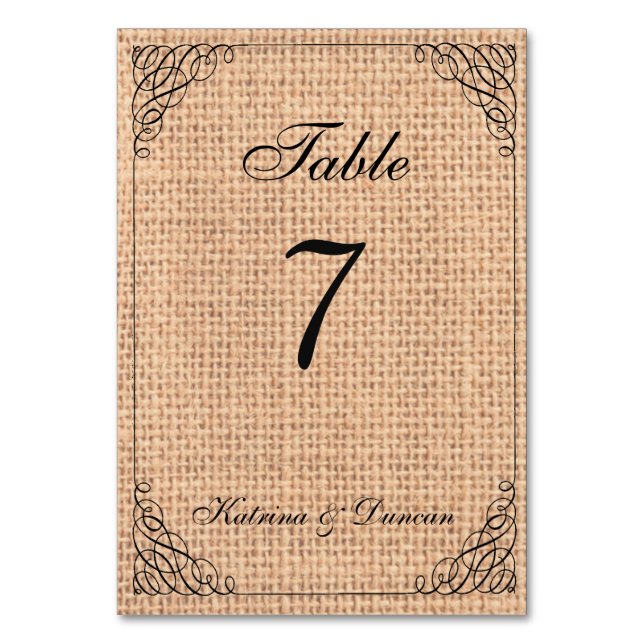 Elegant Swirl Burlap Personalized Table Card (Front)