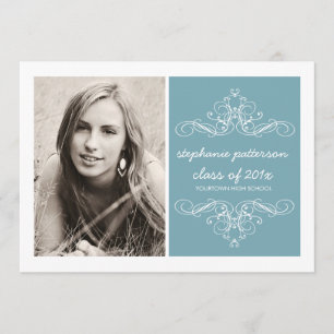 Elegant Swirl Modern Vintage Photo Graduation Blue Invitation