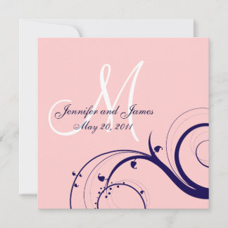 Elegant Swirl Pink and Navy Wedding Invitation
