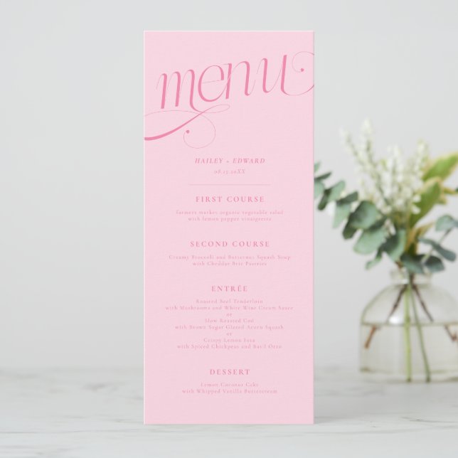 Elegant Swirl Pink Wedding Menu (Standing Front)