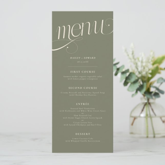 Elegant Swirl Sage Green Wedding Menu (Standing Front)