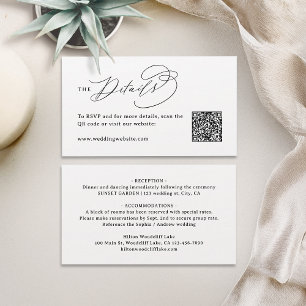 Elegant Swirl Script QR Code Wedding Details Place Card