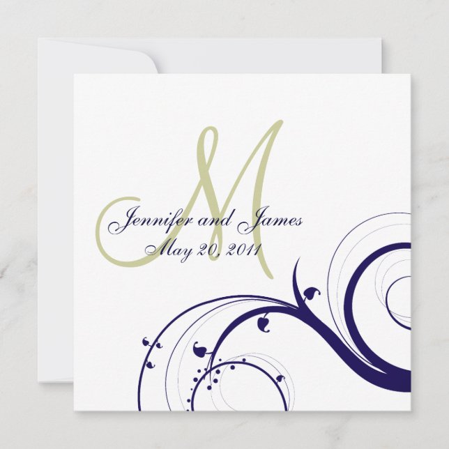 Elegant Swirl Wedding Invitation Navy Green White (Front)