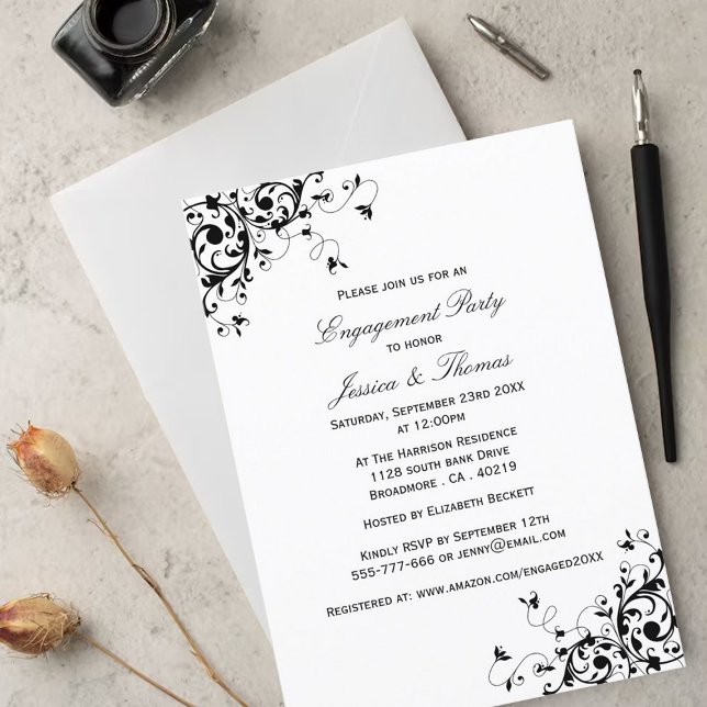 Elegant Swirls Black & White Engagement Party Invitation (Creator Uploaded)