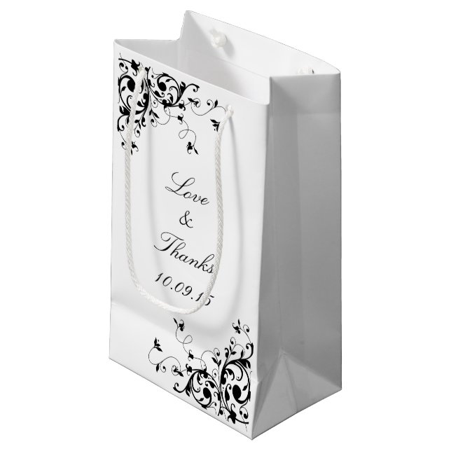 Elegant Swirls Black & White Wedding Small Gift Bag (Front Angled)