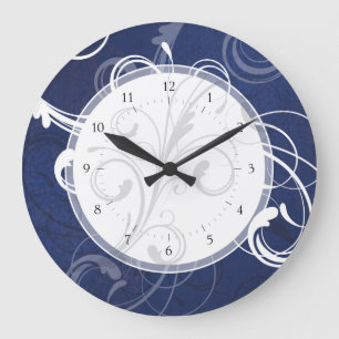 Elegant Swirls Blue And White Large Clock