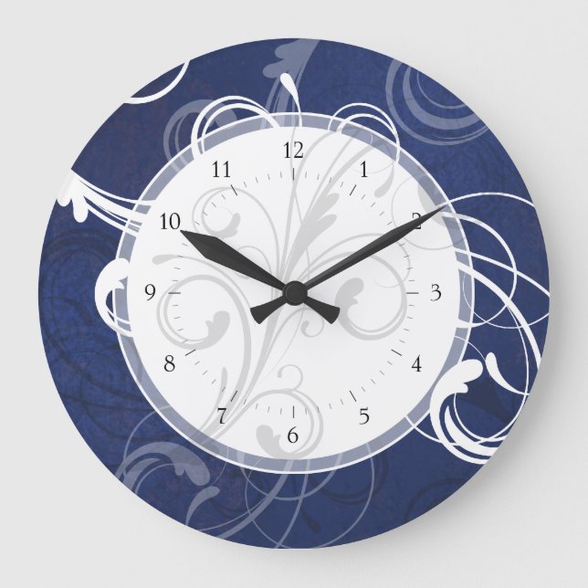 Elegant Swirls Blue And White Large Clock (Front)
