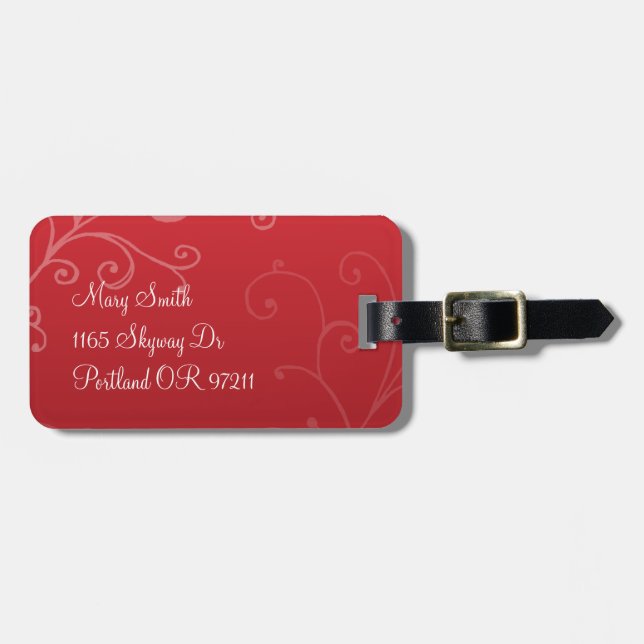 Elegant Swirls Custom Monogram Red Luggage Tag (Front Horizontal)