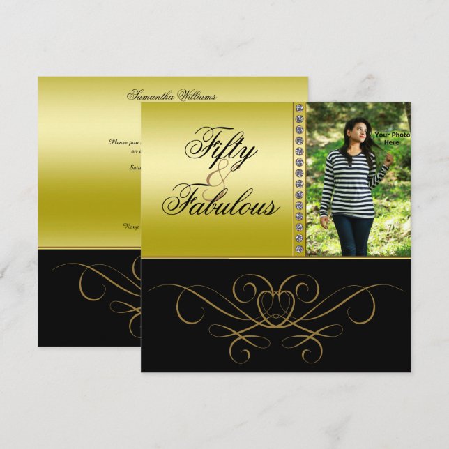 Elegant Swirls & Diamond Fabulous 50 Photo Women's Invitation (Front/Back)