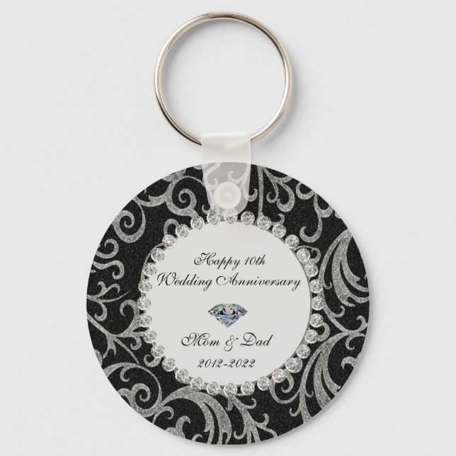 Elegant Swirls Diamonds 10th Wedding Anniversary  Keychain (Front)