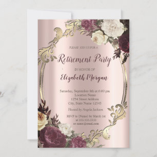 Elegant Swirls Gold Frame,Burgundy Retirement Invitation
