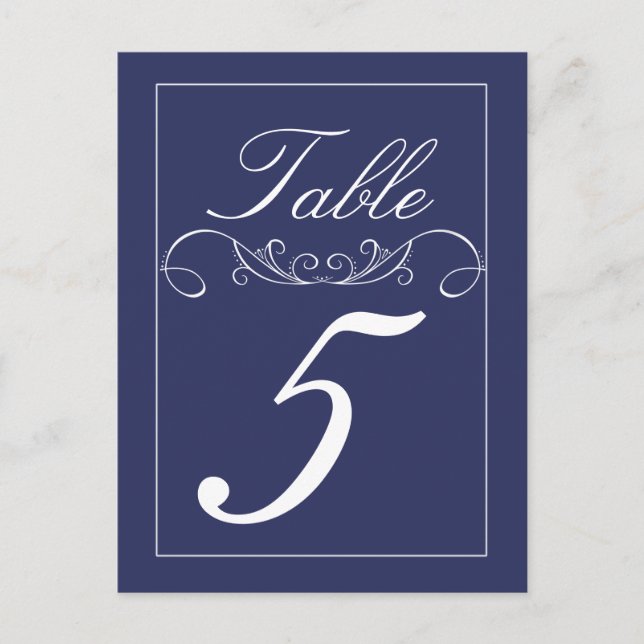 Elegant Swirls Navy Wedding Table Number Cards (Front)