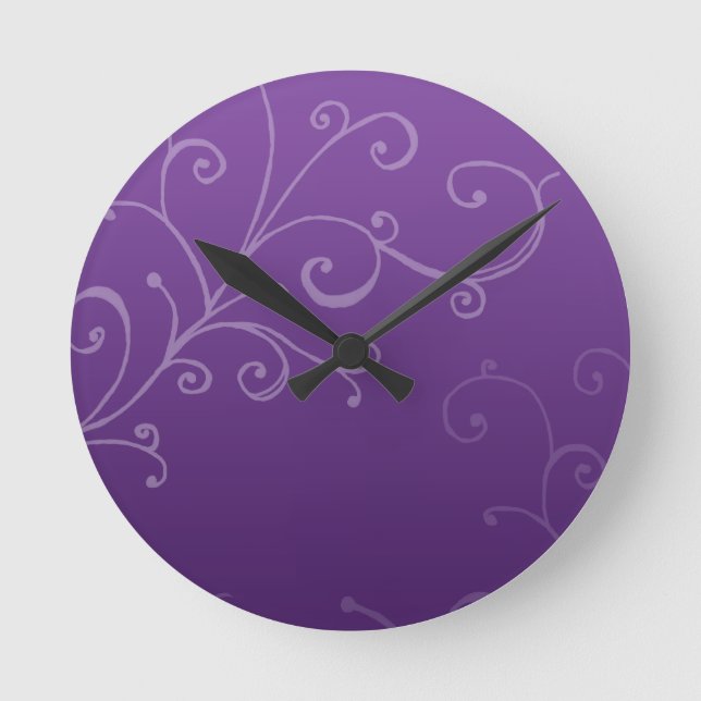 Elegant Swirls Purple Round Clock (Front)