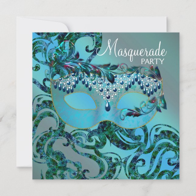 Elegant Swirls Teal Blue Masquerade Party Invitation (Front)
