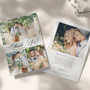 Elegant Swirly Calligraphy Wedding 4 Photo Thank You Card