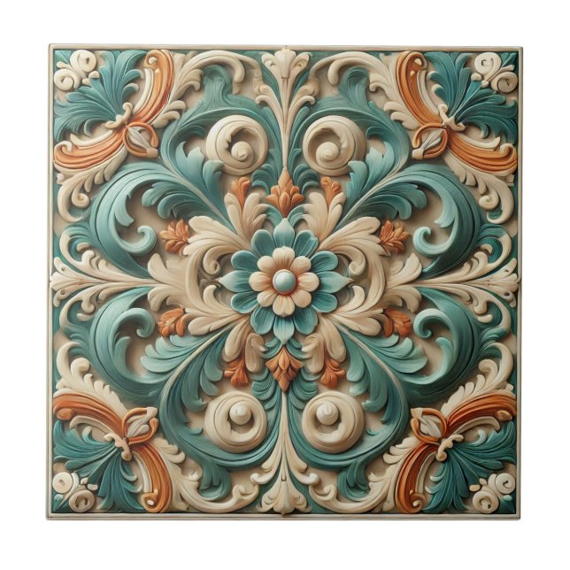 Elegant Symmetrical Floral Ceramic Tile (Front)