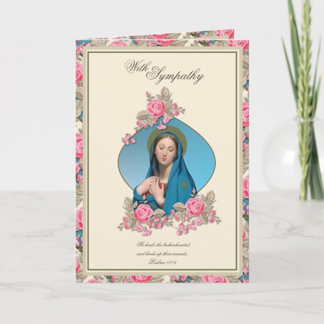 Elegant Sympathy Virgin Mary Pink Roses Card (Front)