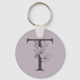 Elegant T Boho Floral Monogram Initial Lilac Grey Keychain