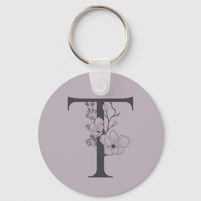 Elegant T Boho Floral Monogram Initial Lilac Grey Keychain (Front)