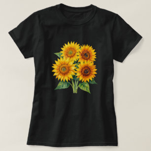 Élégant T-Shirt Noir à Motif Bouquet de Tournesols