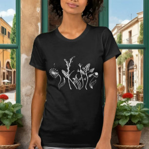 Élégant T-Shirt Noir avec Fleurs Doodle Délicates