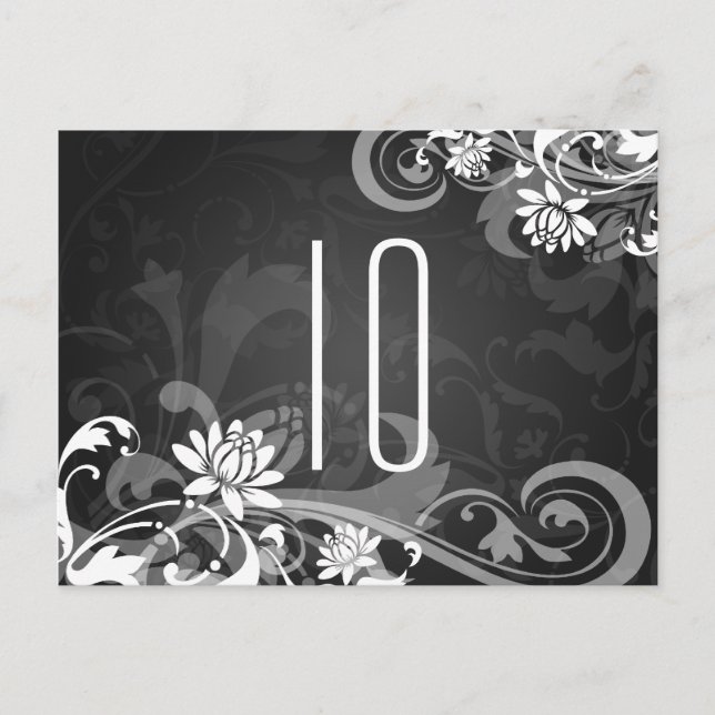 Elegant Table Number Floral Swirls Black Postcard (Front)