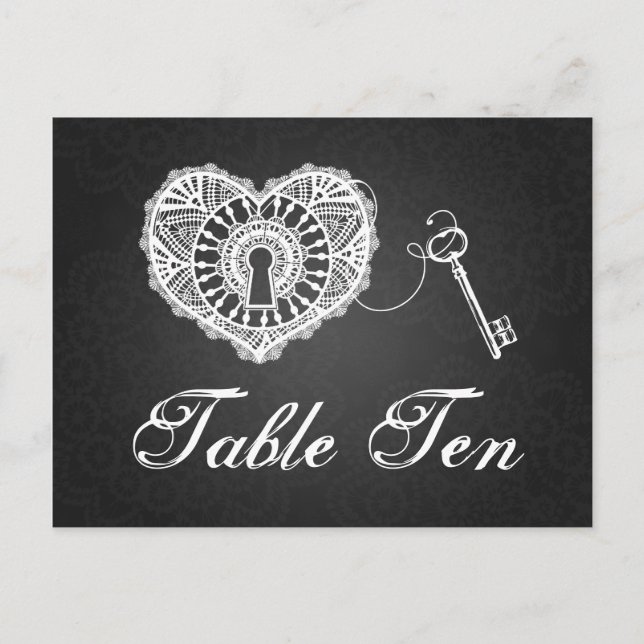 Elegant Table Number Key To My Heart Black Postcard (Front)