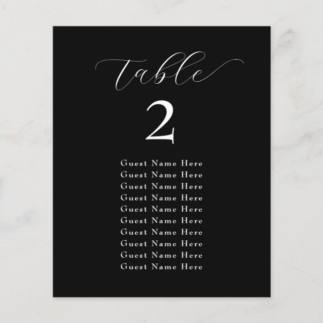 Elegant Table Number Names Black White Minimalist (Front)