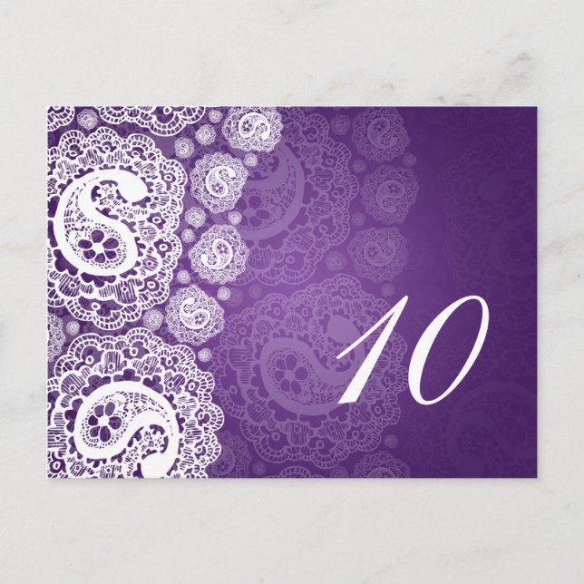 Elegant Table Number Paisley Lace Purple Postcard (Front)