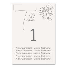 Elegant Table number with names, sitting.