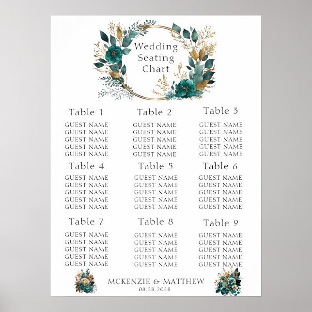Élégant tableau de sièges à Mariage Floral Turquoi (Devant)
