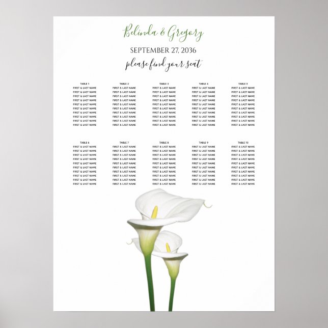 Élégant tableau de sièges Mariage blanc calla Lili (Devant)