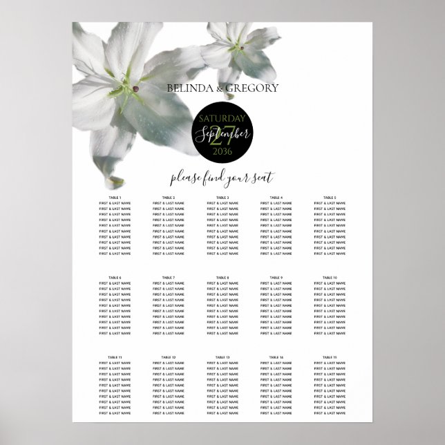 Élégant tableau de sièges Mariage Lys blancs (Devant)