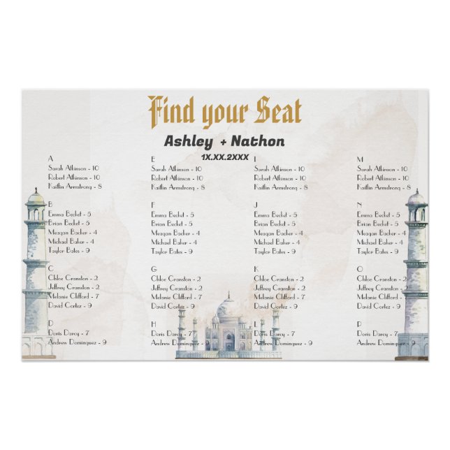 Elegant Taj Mahal Typology Watercolor Wedding  Poster (Front)