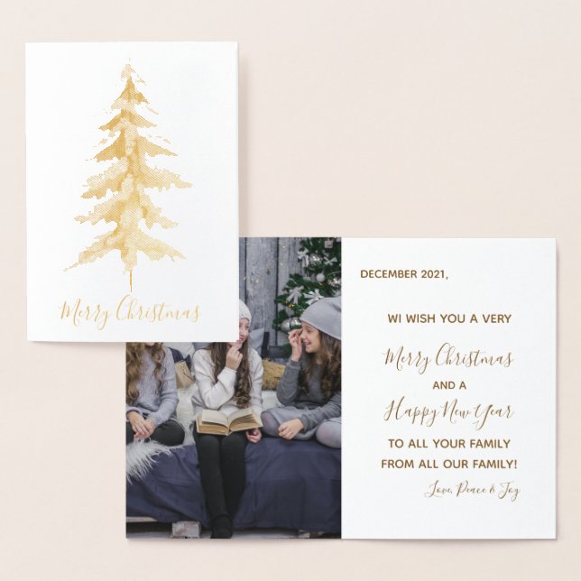 Elegant Tall Gold Green Merry Christmas Tree Photo Foil Card (Display)