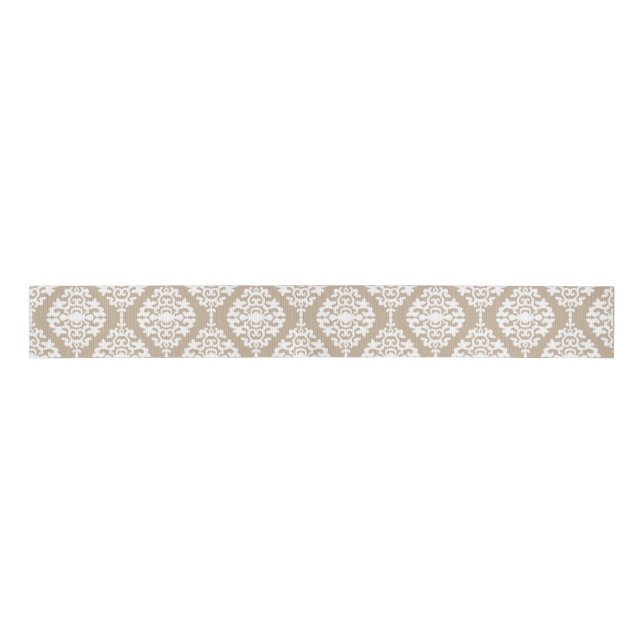 Elegant Tan And White Damask Pattern Grosgrain Ribbon (Front)